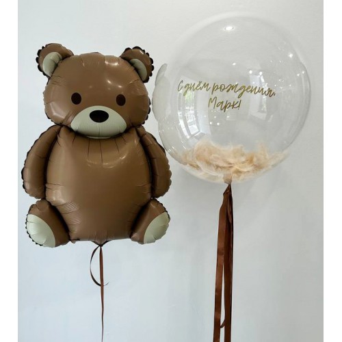 Прозрачный шар баблс с перьями и индивидуальной надписью и фольгированный шар мишка