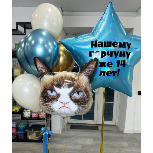 Большая фольгированная звезда с индивидуальной надписью, фольгированная фигура головы сердитого кота и фонтан из шаров