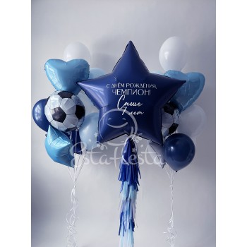 Стильный сине-голубой сет из шаров с футбольными мячами