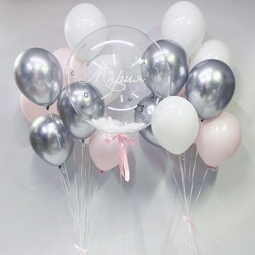 Нежный розово-серебряный сет с именным шаром с перьями