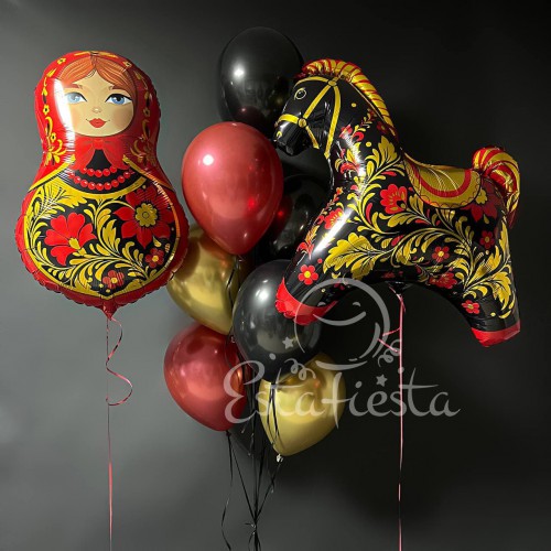 Композиция из шаров с матрешкой и лошадкой хохлома
