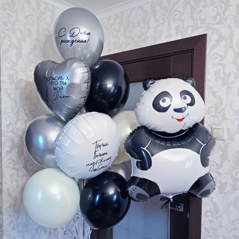 Фонтан из шаров для папы и фольгированный шар панда