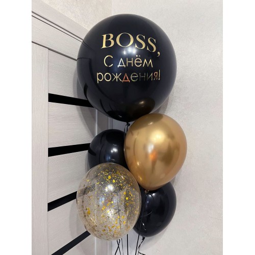 Черно-золотой фонтан из шаров "BOSS, с днём рождения"