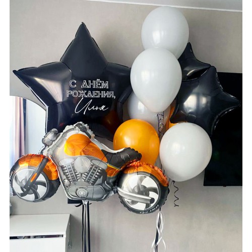 Оранжево-черная композиция из шаров с мотоциклом