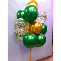 Связка в зелено-золотом цвете из хромовых и шаров с конфетти