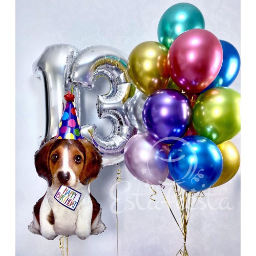 Яркая связка из хромовых шаров и щенок в колпаке