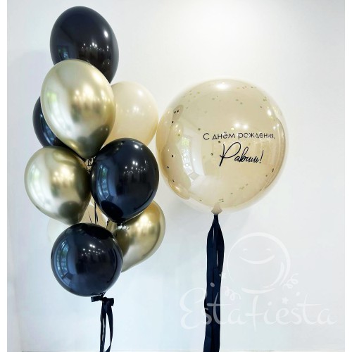Композиция из кремовых черных и золотых шаров с большим шаром