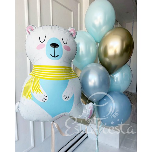 Белый мишка и фонтан из шаров