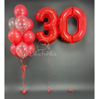 Красный фонтан из шаров с красными цифрами