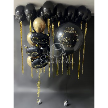 Черно-золотое оформление с котиками и шарами на дождике