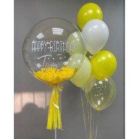 Жёлтый сет с фонтаном и баблс с перьями "Happy Birthday"