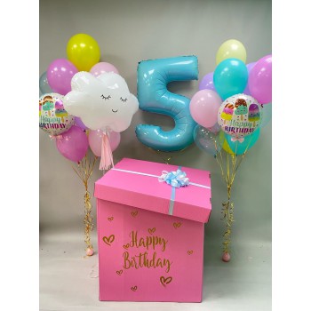 Коробка с шарами на день рождения с цифрой, шаром-облачком и фонтанами 