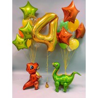 Композиция из фигурок динозавров, цифры и фонтанов со звездами в оранжево-зелёной гамме