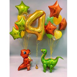 Композиция из фигурок динозавров, цифры и фонтанов со звездами в оранжево-зелёной гамме
