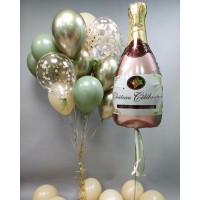 Шар в виде бутылки шампанского и связка гелиевых шаров оливковый+золотой хром+бежевый