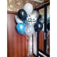 Облако белых, чёрных и голубых шаров с фольгированным шаром "С днём рождения" 