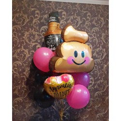 Композиция из шаров чёрный+фуксия с фигурками в виде бутылки , смайликом-какашкой и сердечком "Лучшей подруге"
