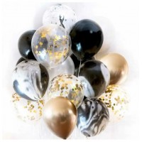 Связка шаров с конфетти, агатами и черно-золотыми шарами