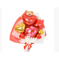 Красный крафтовый букет с Мишкой и надписью "I LOVE YOU THIS MUCH"