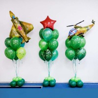 Набор связок из гелиевых шаров с фольгированными фигурами (Истребитель, Вертолёт, Звезда)
