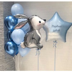 Сет из фонтана с воздушными шарами, фигурка заяц и звезда с надписью "Первый зубик" голубого цвета
