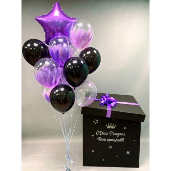 Композиция: коробка-сюрприз и фонтан из шаров чёрный+фиолетовый