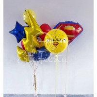 Композиция шаров из фонтана с золотистой молнией и большой шар с надписью и логотипом супермена 