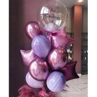 Фонтан из воздушных шаров с шарами хром и агатами в сиренево-розовых цветах с баблс