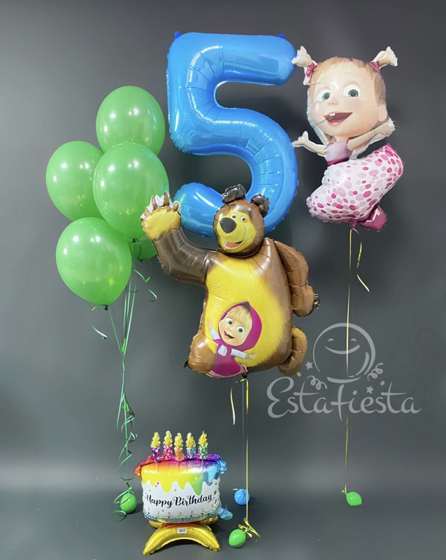 Фольгированная фигура маши и медведя, фольгированная синяя цифра 5 и фонтан из зеленых шаров