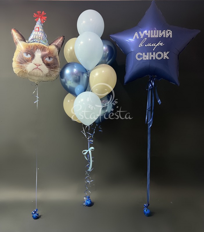 Фольгированная большая звезда с индивидуальной надписью, фонтан из шаров и фольгированный угрюмый кот