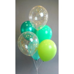 Фонтан из шаров с конфетти и шаров в зелено-салатовых тонах