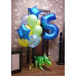 Цифра, динозавр и фонтан из 12 шаров со звездами и конфетти