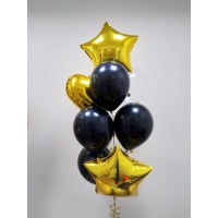 Фонтан из 7 шаров с фольгированными звездами и сердцем в черно-золотых тонах