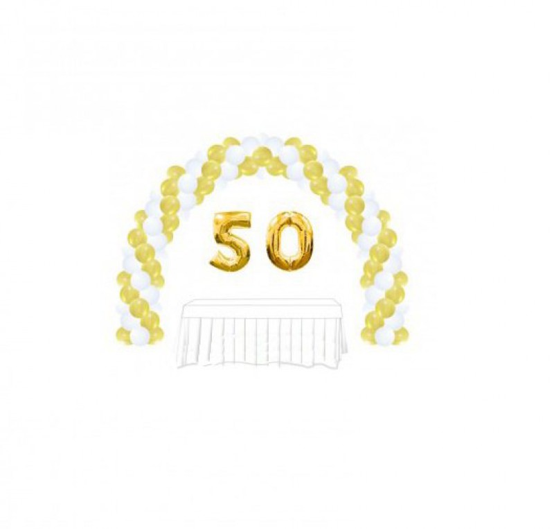 Оформление на юбилей с золотыми цифрами 50 и плетенной аркой в бело-золотой гамме