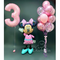 Минни Маус ходячий шар, цифра 3 розовая и фонтан из розовых шаров