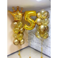 Цифра 5 золотая, фонтан из золотых хромовых шаров и шаров с золотым конфетти + фонтан с фольгированной короной и шарами