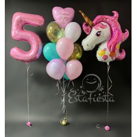 Розовая цифра 5, сиреневая голова единорога и фонтан из шаров с сердцем и индивидуальной надписью