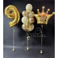 Фольгированный шар корона, цифра 9 золотая и фонтан из шаров 