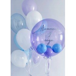 Сиренево-голубой сет из большого шара с маленькими шариками внутри и фонтана из стандартных латексных шаров