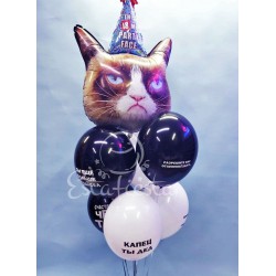 Фонтан из черно-белых шаров с оскорбительными надписями и фольгированного шара сердитой кошки в колпаке