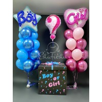 Коробка сюрприз с двумя фонтанами синего и розового цвета на гендерную вечеринку