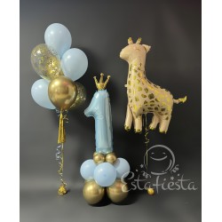 Гелиевый набор из фонтана цифры 1 с короной на подставке из шаров и жирафик в голубо-золотом цвете