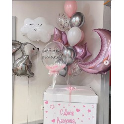 Сет из коробки с шарами, баблс, фигурных фольгированных шаров Заяц и Облачко, фольгированного полумесяца и фонтана с фольгированными звездами в серебристо-белых и розовых тонах на день рождения девочке