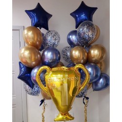 Сет из фигурного фольгированного шара в виде кубка чемпиона и двух связок шаров с фольгированными звездами в сине-золотых тонах