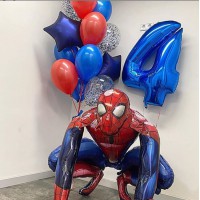Сет с цифрой, "ходячим" фольгированным шаром Человек-паук и связкой с фольгированными звездами в красно-синих тонах на день рождения мальчику