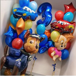 Сет с цифрой, фигурным фольгированными шарами "Щенячий патруль", фигурными фольгированными шарами машинками тачки и связками с фольгированными звездами в красно-синих тонах на день рождения ребенку
