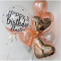 Сет из баблс с надписью и связки с фольгированными сердцами в цвете розовое золото на день рождения девушке