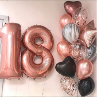 Сет из цифр и связки 14 шаров с фольгированными сердцами и звездой в черно-розовых тонах на день рождения девушке
