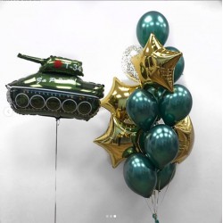 Сет из фигурного фольгированного шара Танк Т-34 и связки из 14 шаров с фольгированными звездами в зелено-золотых тонах на 23 февраля