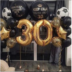 Гелиевый сет из цифр, больших шаров с надписями, фонтанов с фигурными фольгированными мячами и звездами в черно-золотых тонах на день рождения мужу/папе